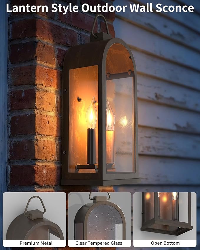 Outdoor Wall Light Fixtures 2-Light Porch Lights Outdoor Matte Bronze Exterior Waterproof Wall Sconce with Glass Shade Outside Lantern for House Garage Doorway Patio Entryway E12 Socket