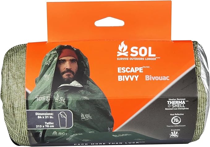 SOL Escape Bivvy with Hood - Emergency Preparedness Blanket - Reflects Up to 70% Body Heat - Outdoor Survival Bivvy - Water Resistant - Durable &amp Breathable - Winter Camping Supplies - Green
