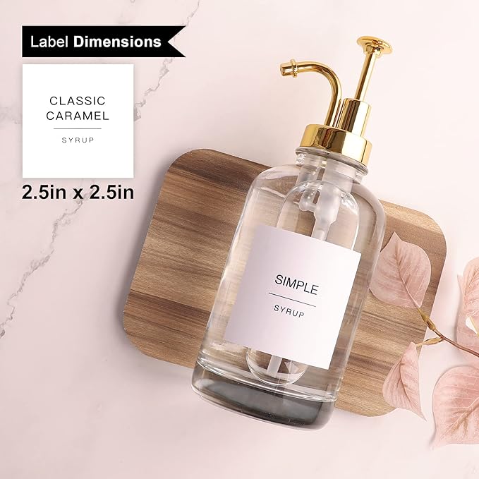 Coffee Bar Accessories - Glass Coffee Syrup Dispenser with 84 Syrup Labels (Set of 2) Fancy Pump Dispenser 16.9 oz Gold