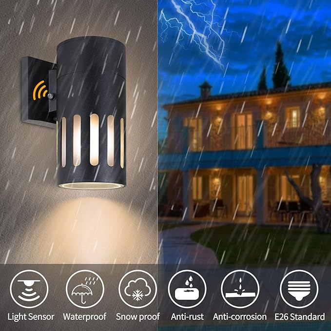 Dusk to Dawn Sensor Outdoor Wall Sconce Exterior Lighting -ETL Listed Aluminum Anti-Rust Waterproof Wall Mount Cylinder Light 1-Direction Up or Down Light Fixture for PorchPatio or Doorway