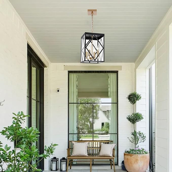4-Light Outdoor Pendant Lights for Porch 15.7'' Outdoor Chandelier Black &amp Brushed Brass Exterior Hanging Porch Light Fixtures w/Clear Glass Waterproof Outside Pendant Lantern for Front Door