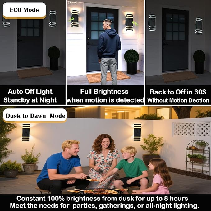 Dusk to Dawn Motion Sensor Porch Light with 3 Lighting Modes Waterproof Up Down Wall Sconce with Adjustable Bulbs Aluminum Exterior Light Fixtures for Entryway Patio GarageETL Listed
