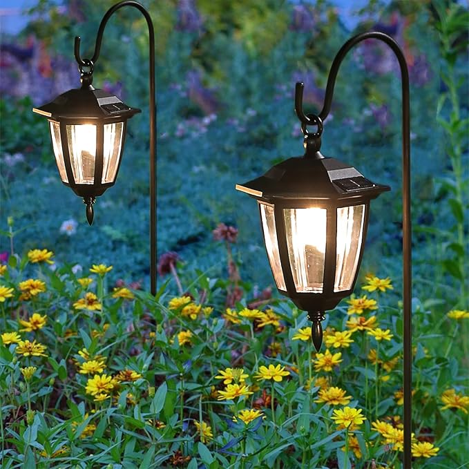Dynaming 4 Pack Solar Hanging Lights Outdoor Solar Powered Garden Decorative Lanterns with 4 x 38 Inch Shepherd Hooks Waterproof Landscape Lighting for Lawn Patio Yard Pathway Driveway Warm White