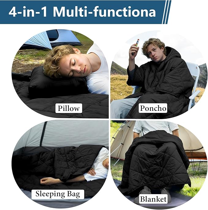 Camping Outdoor Blanket Ultralight Down Alternative Printed Travel Camp Blankets for Sleeping Packable Waterproof Puffy Quilt for Hammock Picnic Stadium Beach Cold Weather (Black Blanket Poncho)