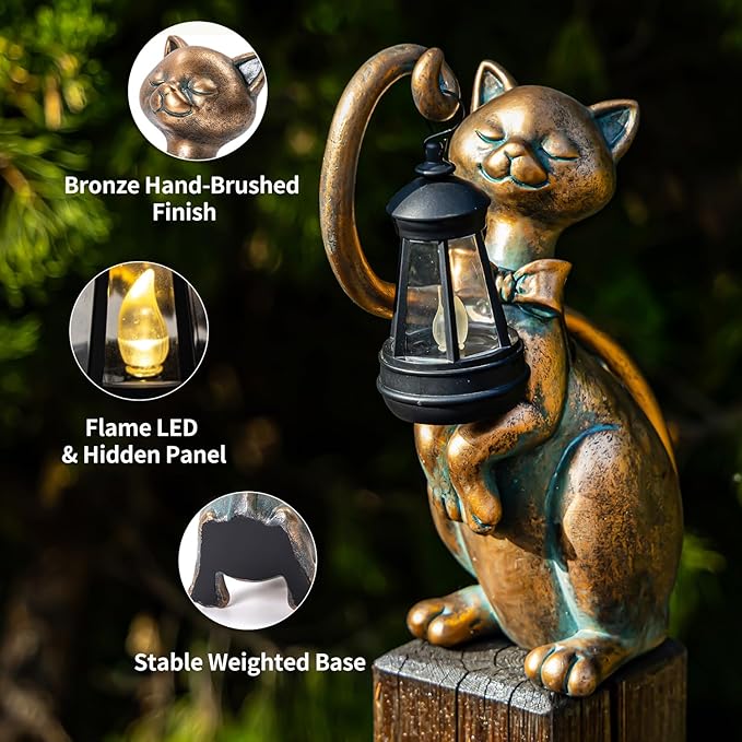 WHIMSYNOOK 10.7 Bronze Cat Garden Statue with Solar Light – Outdoor Yard &amp Lawn Décor Charming Cat Figurine Gift for Mom &amp Cat Lovers