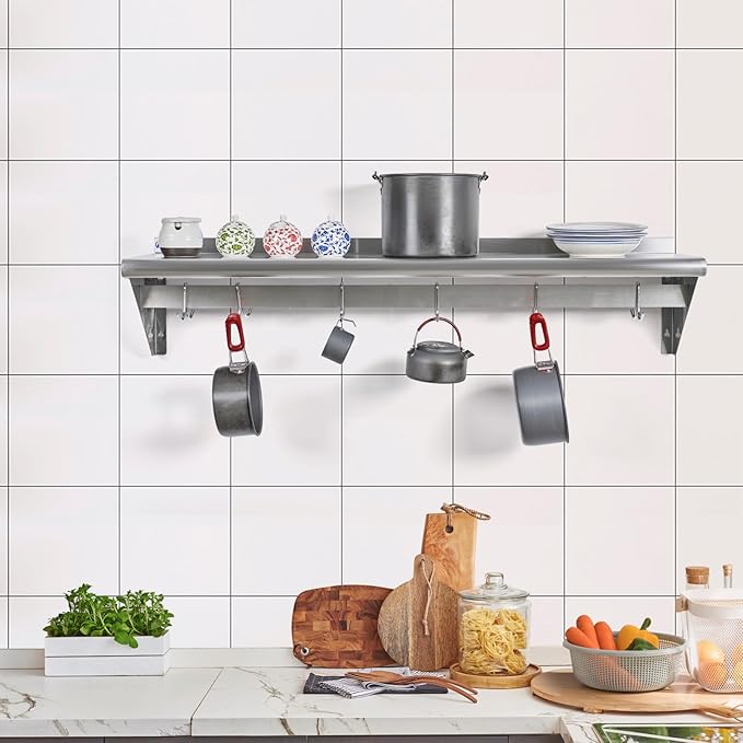 Hally Stainless Steel Shelf with 6 Hooks 18 x 48 Wall Mounted Pot Rack 400lb NSF Commercial Floating Shelving for Storage Hanging Pots Pans cookware in Restaurant Kitchen Home and Hotel