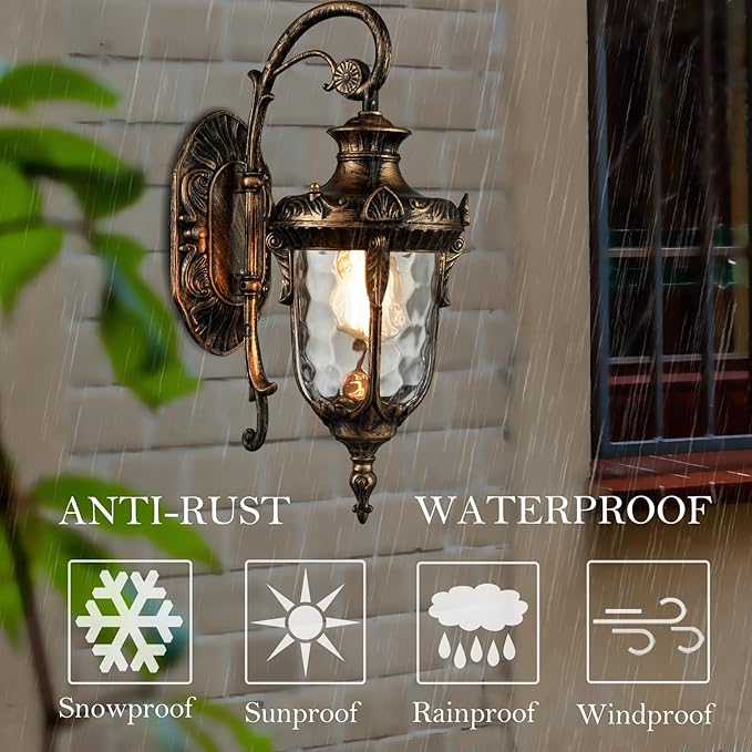 SAMTEEN Bronze Outdoor Light Fixtures Wall Mount 15.8 H Waterproof Exterior Wall Sconce with Hammered Glass Shade Outside Porch Light for House Garage Front Door