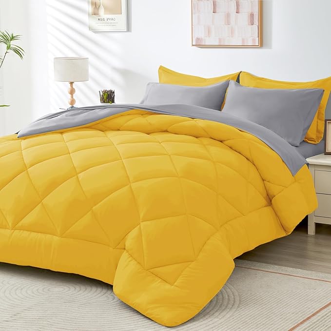 HEVUMYI Full Comforter Set - 7-Piece All Season Bed in a Bag Full Ultra Soft Bedding Set with Comforter Flat Sheet Fitted Sheet Pillowcases Pillow Shams Yellow &amp Light Grey