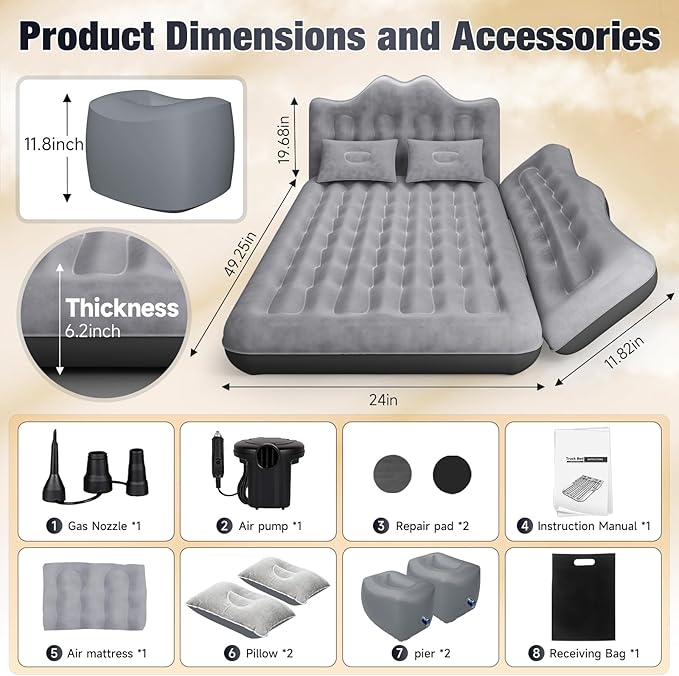 Back Seat Car Air Mattress: Inflatable SUV Car Camping Bed for Truck Van Thickened Double-Sided Flocking Travel Car Sleeping Pad with Air Pump 2 Pillows