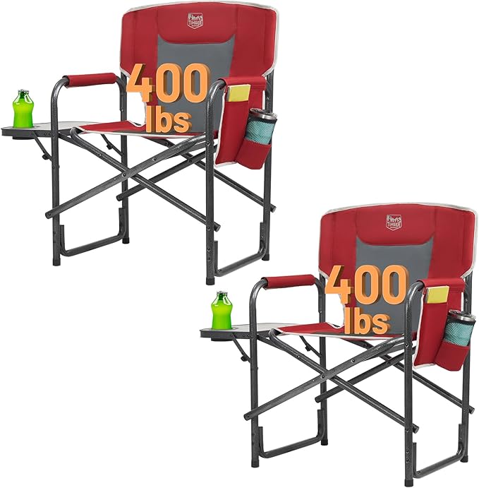 TIMBER RIDGE Aluminum Oversized Camping Chair Lightweight Portable Directors Chair with Side Table Detachable Side Pocket for Outdoor Camping Lawn Picnic Support 400lbs Red 2 Pack