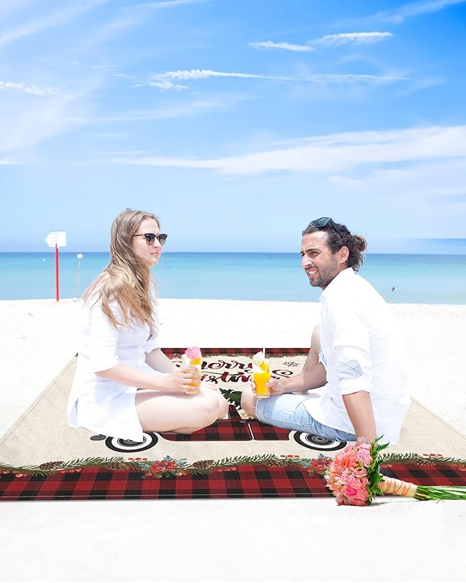 Beach Blanket Waterproof Sandproof OversizedChristmas Red Buffalo Check Farm Truck Trees Beach Mat with Corner Stakes Sand PocketsWinter Snowflake Flower Berries Picnic Mat for Travel 83x79In