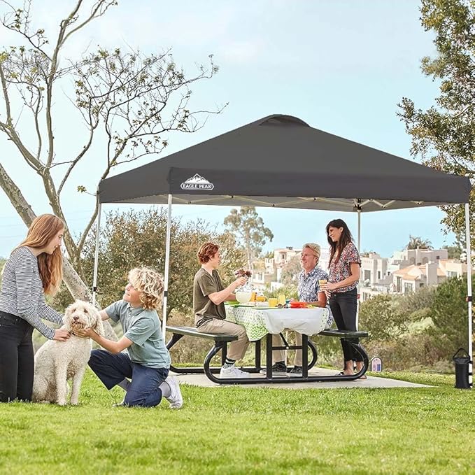 EAGLE PEAK Pop Up Canopy Tent with Wheeled Carry Bag 8 Stakes 4 Ropes 4 Weight Bags Easy Set Up Tent Canopy 10x10 ft 100sqft of Shade Gray