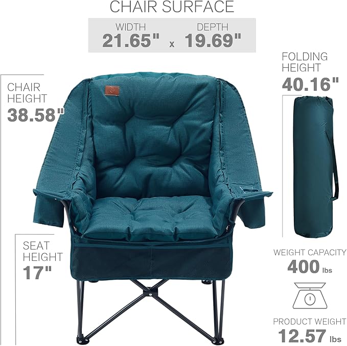 EVER ADVANCED XL Camping Chair with Detachable Cushion Mesh Chair for Adults Foldable Oversized Heavy Duty Folding Chair with Cooler Mesh Pocket Cupholder Outdoor Fishing Supports 400LBS Green