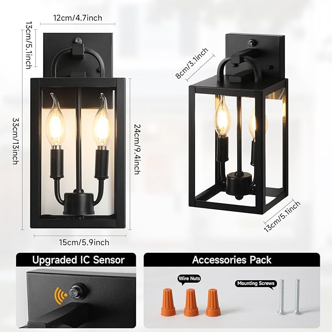 Dusk to Dawn Outdoor Wall Light Fixtures 2 Pack Front Porch Lights with E12 Sockets Exterior Waterproof Outdoor Lighting Anti-Rust Outside Lights for House Garage Patio