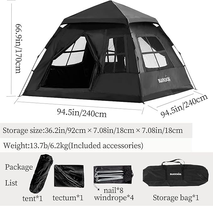 Blackdog Portable Camping Tent - 2-4 Person Waterproof Instant Pop Up Tent UPF50+ Sun Protection 5㎡ Large Space for Family Car Camping &amp Traveling Easy Setup (Black)