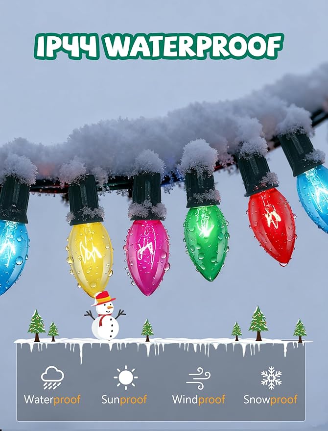 C9 Multicolor Christmas Lights 25Ft Transparent Multicolor String Lights with 26 Clear Glass Bulbs (1 Spare) Hanging Vintage Christmas Lights String for Indoor Outdoor Christmas Tree Garden Party