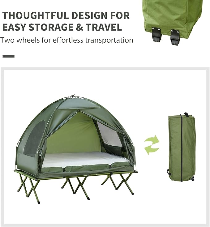 2 Person Camping Cot with Tent &amp Air Mattress 4-in-1 Portable Foldable Elevated Bed for Adults Outdoor Hiking Backpacking Includes Pump &amp Bedspread 76 x 57 Dark Green (76x57)