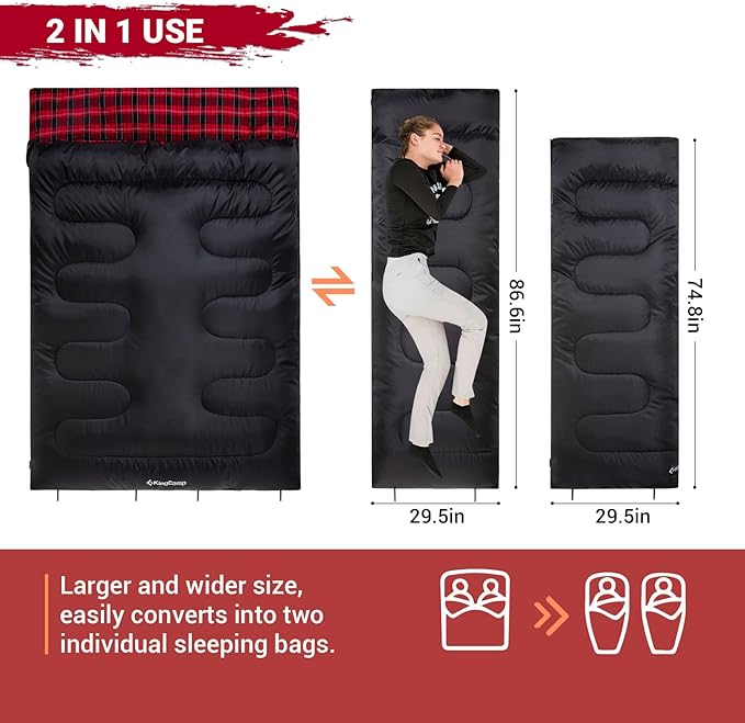 KingCamp Double Sleeping Bag for Adults Queen Size 2 Person XXL Flannel Sleeping Bag Waterproof Lightweight Flannel Quilt with 2 Pillows Perfect for Couples Family Camping Hiking