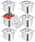 Mwellewm 6 Set Hotel Pan 1/6 Size 6 Inch Deep Stainless Steam Table Pans with Lids Stackable Commercial Anti Jam Metal Steam Tray Catering Food Storage Steel Pan for Restaurant Buffet Party Supplies