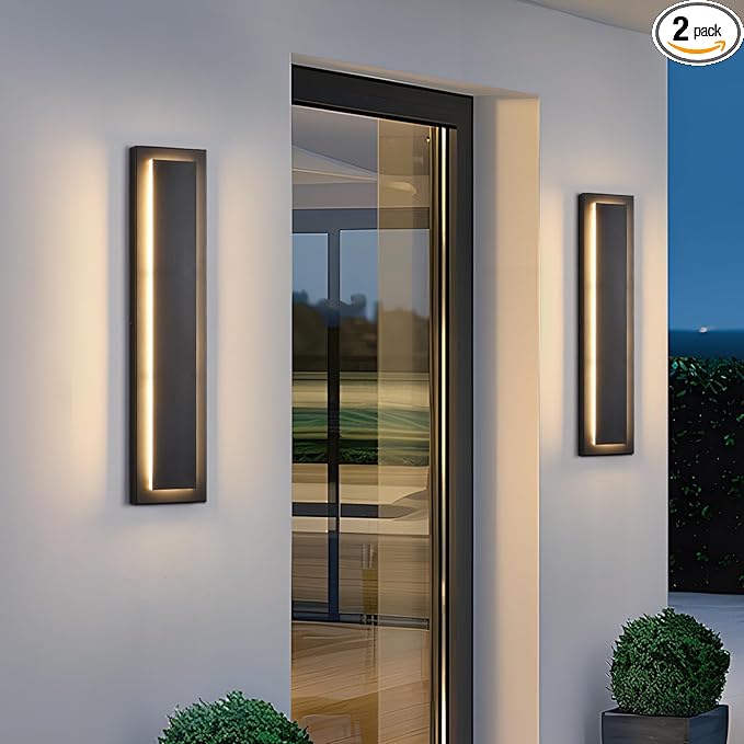 tewei 23.6 Inch Modern Outdoor Wall Sconce Long Black LED Exterior Lighting Fixtures Modern Large Outdoor Front Porch Lights Outside Wall Mount Lights for House Warm White 3000K 2 Pack