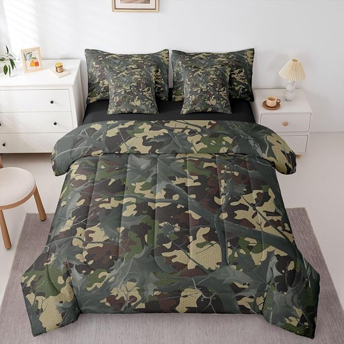 jejeloiu Camouflage Tree Branches 7 Piece Bedding Set for Girls Boys Kids Twin Size Camo Bed in a Bag Room Decor Military Style Comforter Set with SheetsPillowcases &amp Cushion Cover Microfiber