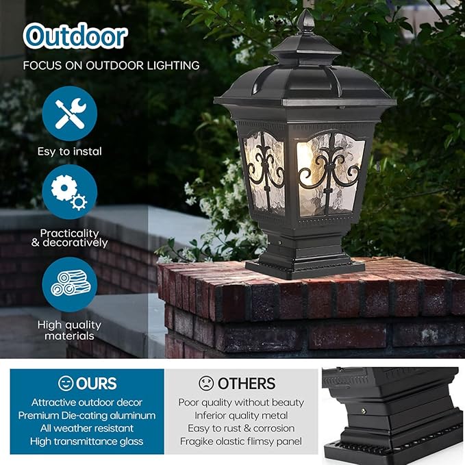 Outdoor Column Lights IP65 Waterproof Garden Post Light Fixture Aluminum Glass Pillar Lights Outdoor Fence Column Cap Light External Patio Landscape Post Lamps (Black)
