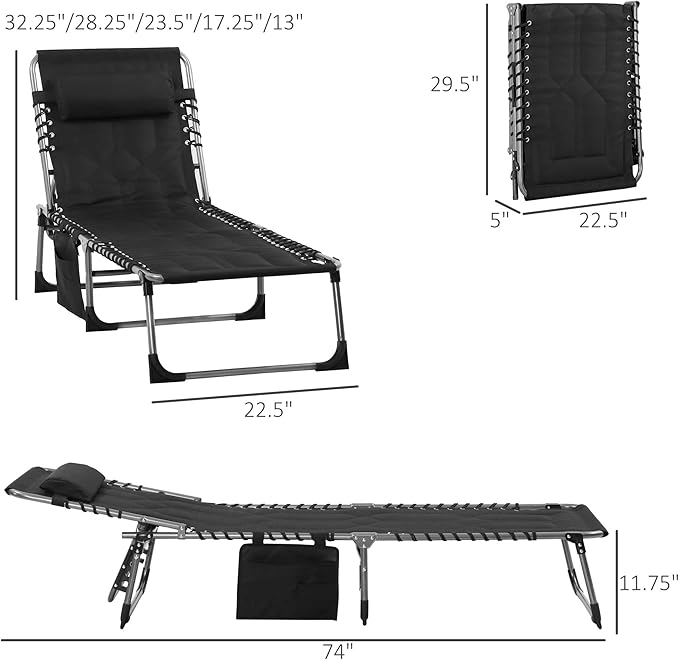 Padded Folding Chaise Lounge Chair Outdoor 6 Level Reclining Camping Tanning Chair with Headrest for Beach Yard Patio Pool Black