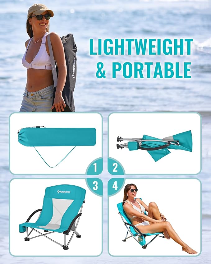 KingCamp Low Beach Chair High Back Folding Camping Chair for Adults Oversized Breathable Mesh Seat 300lbs Heavy Duty Portable Chair with Cup Holder &amp Storage Pockets for Beach Outdoor