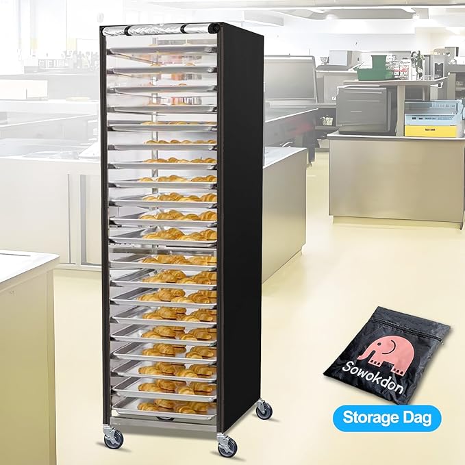 Sheet Bun Pan Rack Cover Speed Rack Cover with Zipper for 20 Tier/ 10 Tier Commercial Bakery Racks 23x28x61 Waterproof Bread Rack Cover with Clear Roll-Up Door &amp Breathable Mesh Vent(20 Tier)