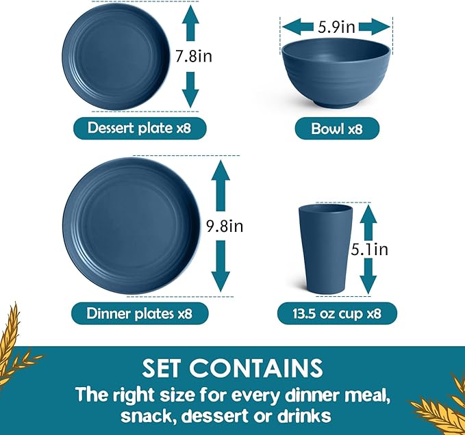 Teivio 32-Piece Kitchen Plastic Wheat Straw Dinnerware Set Service for 8 Dinner Plates Dessert Plate Cereal Bowls Cups Unbreakable Colorful Plastic Outdoor Camping Dishes Autumn Blue