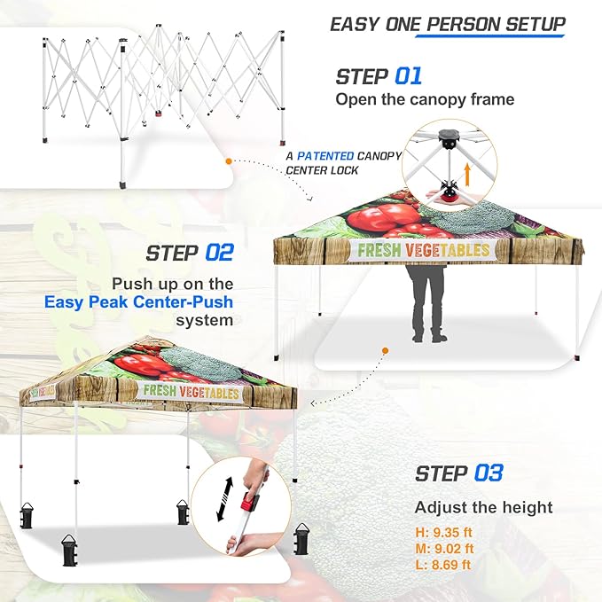 EAGLE PEAK Pop Up Canopy Tent with Wheeled Carry Bag 8 Stakes 4 Ropes 4 Weight Bags Easy Set Up Tent Canopy 10x10 ft 100sqft of Shade Vegetable Stand