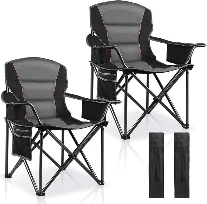 2 Pack Padded Oversized Camping Chairs for AdultsHeavy Duty Support 400 LbsFolding Portable Lawn Chair w/Cup HolderCooler BagSide PocketPerfect for Outdoor PicnicHiking(Black)
