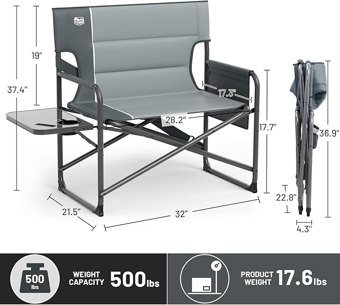 TIMBER RIDGE XXL Foldable Directors Chair with Side Table Extra Wide Camping Chairs for Adults Heavy Duty Supports 500 lbs Oversized Folding Lawn Chair for Picnic Beach Sports Fishing Grey-2 Pack