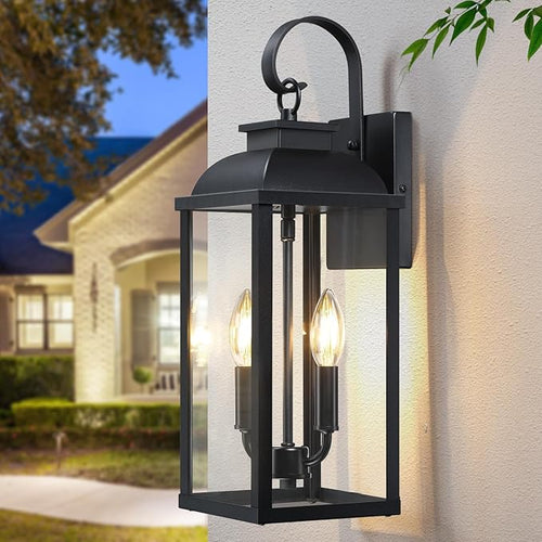 18.7'' Large Outdoor Wall Sconce 2-Light Black Exterior Front Porch Light Fixture Modern Outdoor Porch Lamp with Tempered Glass Waterproof Outside Wall Lantern for Patio