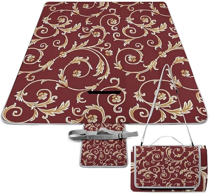 Flower Maroon Gold Floral Classy Burgundy Antique Waterproof Outdoor Picnic Blanket Sandproof Beach Mat for Camping Hiking Grass Travelling