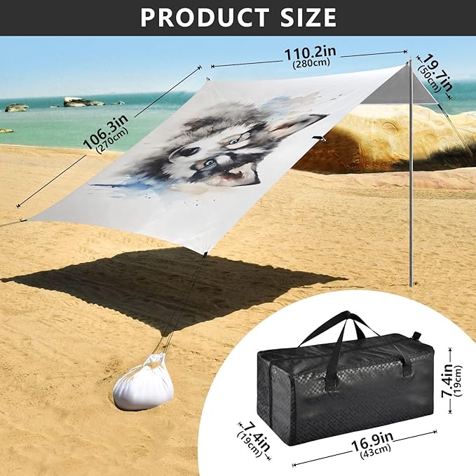ALAZA Husky Dog Puppy Beach Tent Sun Shelter UPF50+ Protection Beach Shade Canopy w/ 4 Sandbags for Outdoor Camping Fishing Backyard Fun Picnic 10x9 ft
