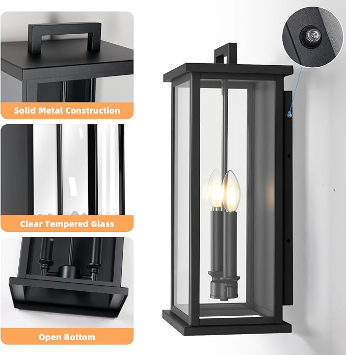 Large Exterior Lighting FixturesDusk to Dawn Black Outdoor Lanterns for Front Porch Modern Outside Wall Lights for HouseGaragePatio with GlassWaterproofE12 Base1 Pack 20 H*9 L*7.5 W