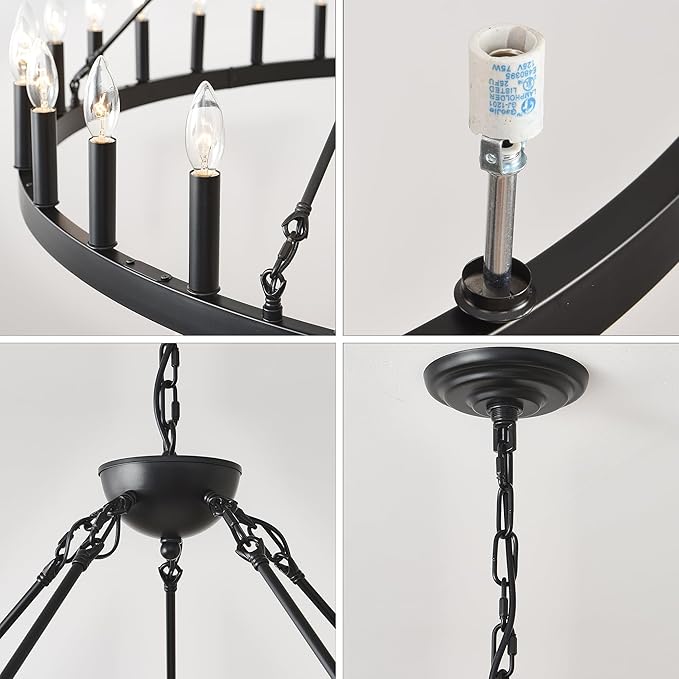 53 Inch Black Extra Large Wagon Wheel Chandelier 30-Lights Farmhouse Industrial Round High Ceiling Pendant Light Adjustable Chain for Dining Room Living Room