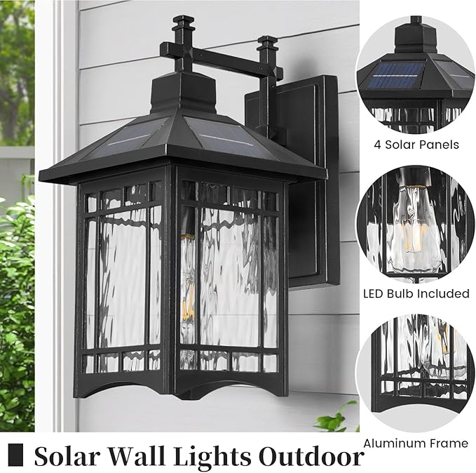 Solar Powered SconceBlack Porch Light Dusk to Dawn Outdoor Solar Wall LightsWaterproof Exterior Lights for Patio Yard House Hallway Doorway Garagewith Water Pattern Glass Shade