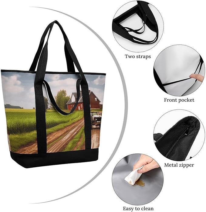 Insulated Shopping BagLarge Reusable Cooler Bags Country Road with Farm And Tractor Printed Foldable Shopping BagTravel Waterproof Shoulder Bag