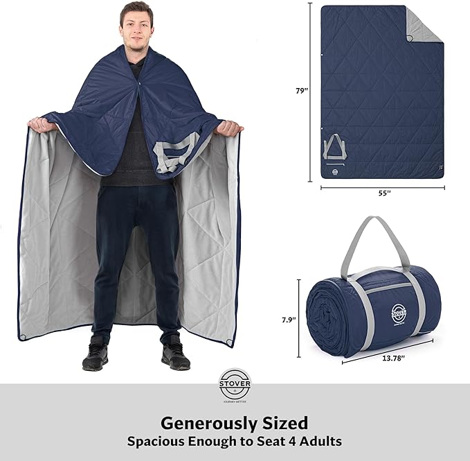 STOVER Large Waterproof Outdoor Stadium Blanket- Extra Thick Soft Fleece Camping Blanket for Travel Picnics Sports Dogs 79x55 Warm Windproof Sand-Proof Lightweight Packable (Alpine Blue)