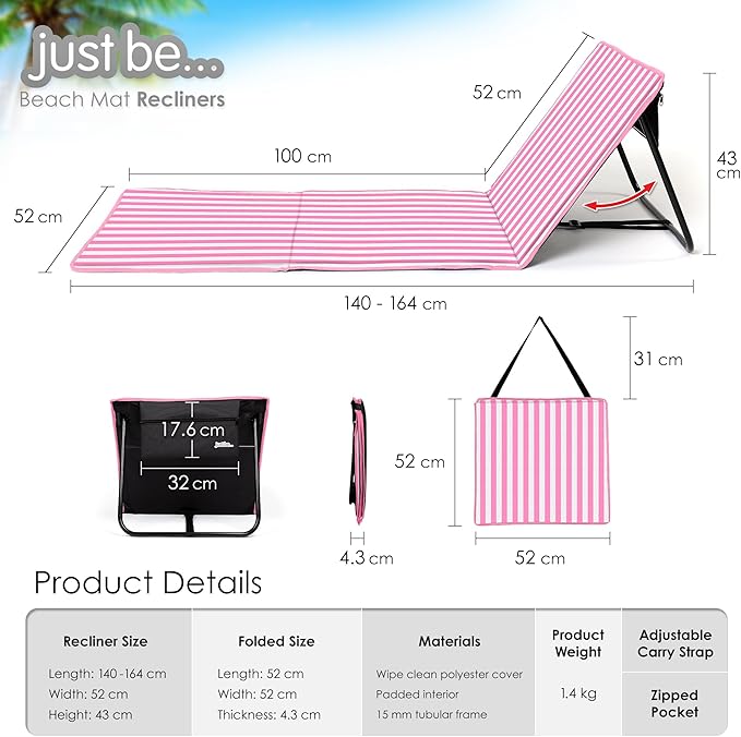 just be... Beach Sun Mat Folding Lightweight Portable Adjustable Sunbathing Recliner with Backrest Support and Valuables Pocket for Holidays Garden Camping Park Festivals - Pink Stripes