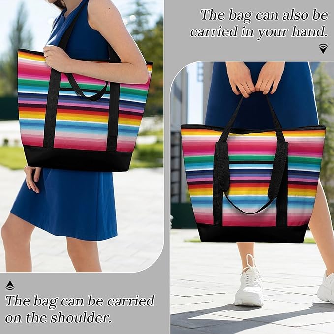 Insulated Shopping BagLarge Reusable Cooler Bags Colorful Mexican Stripes Printed Foldable Shopping BagTravel Waterproof Shoulder Bag