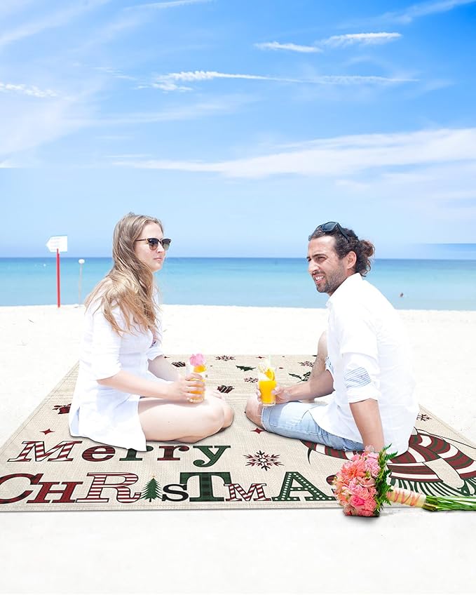 Beach Blanket Waterproof Sandproof OversizedMerry Christmas Snowman Winter Snow Beach Mat with Corner Stakes Sand PocketsBells Berries Seamless Outdoor Picnic Mat for Travel Camping Hiking 95x80In
