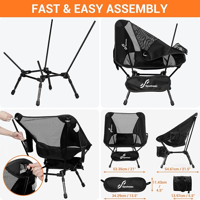Sportneer Lawn Chairs: 3 Heights Adjustable Camping Chairs for Adults with 2 Side Pockets - Compact &amp Portable Folding Chairs for Outside Backpacking Hiking Picnic and Travel (1 Black)