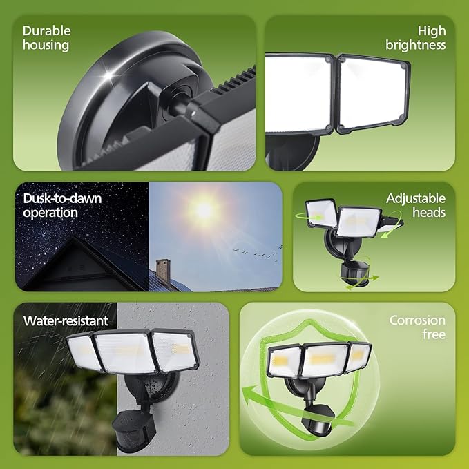 Philips 72W 7400LM LED Security Lights w/PIR Motion Sensor Outdoor 5000K Daylight Dusk to Dawn Aluminum Flood Light 3 Adjustable Heads Waterproof for Garage Yard Porch