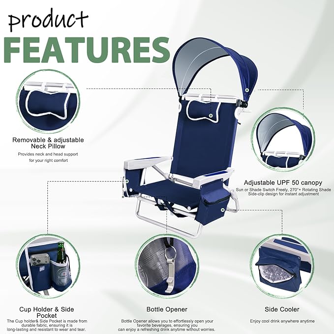 Romswi Beach Chair with Canopy Shade for Adults 1 Pack Aluminum Folding Chairs with Detachable &amp Adjustable Umbrella 5-Position Lay Flat Cooler Bag Cup &amp Phone Holder Towel Bar Navy Blue
