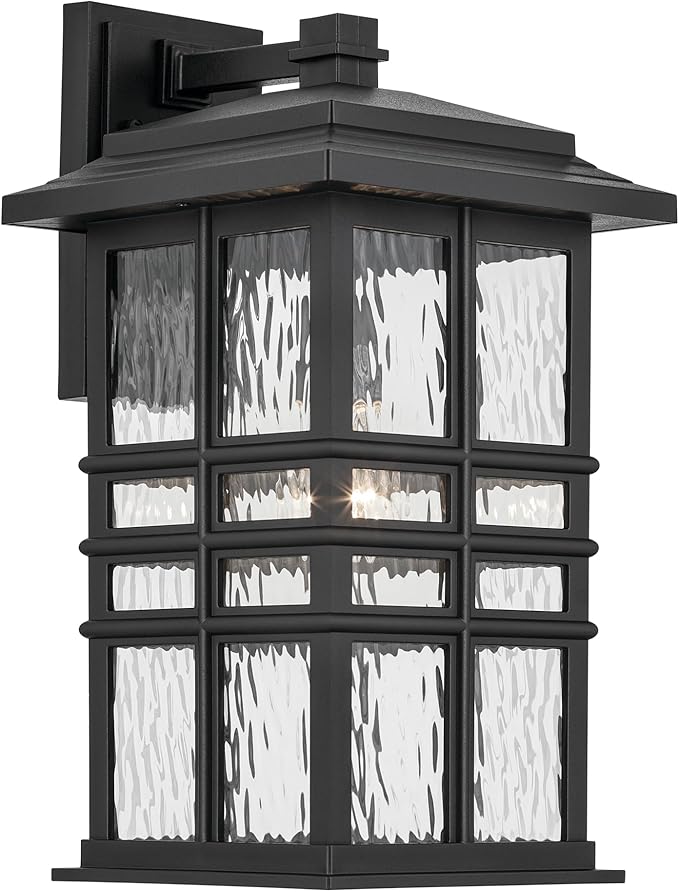 Kichler Beacon Square 17.25 1-Light Outdoor Wall Light with Clear Hammered Glass in Textured Black for Exterior Doors Garage Porch or Patio (17.25 x 9.5) 49831BKT