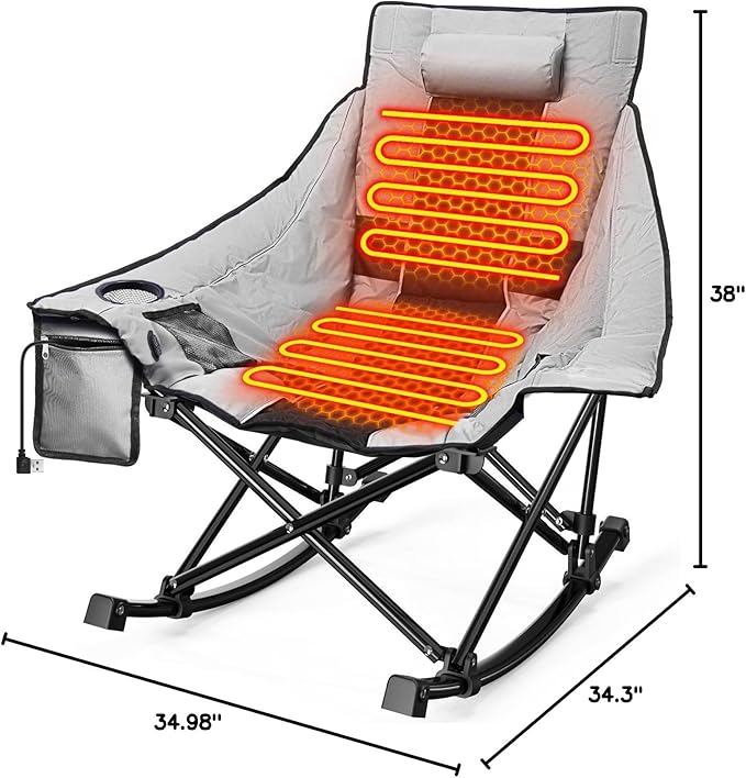 Slendor Heated Camping Chair Oversized Heated Rocking Chair with Padded Pillow 3 Adjustable Heat Settings Portable Folding Chair for Outdoor &amp Indoor Use Gray NO Power Bank