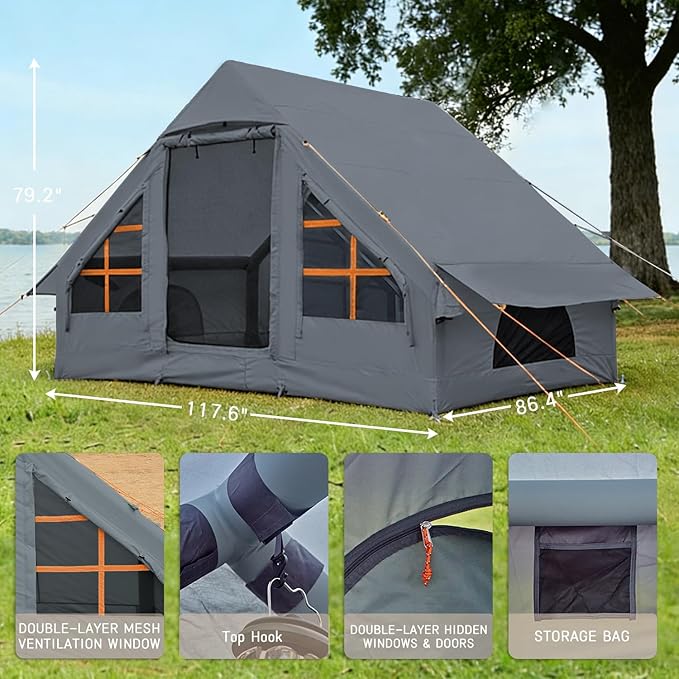 Inflatable Tents with Hand Pump Hot Tent with Stove Jack Easy Blow Up Glamping Tent with Mesh Windows 4-6 Person Instant Family Camping Tents Waterproof for 4 Seasons